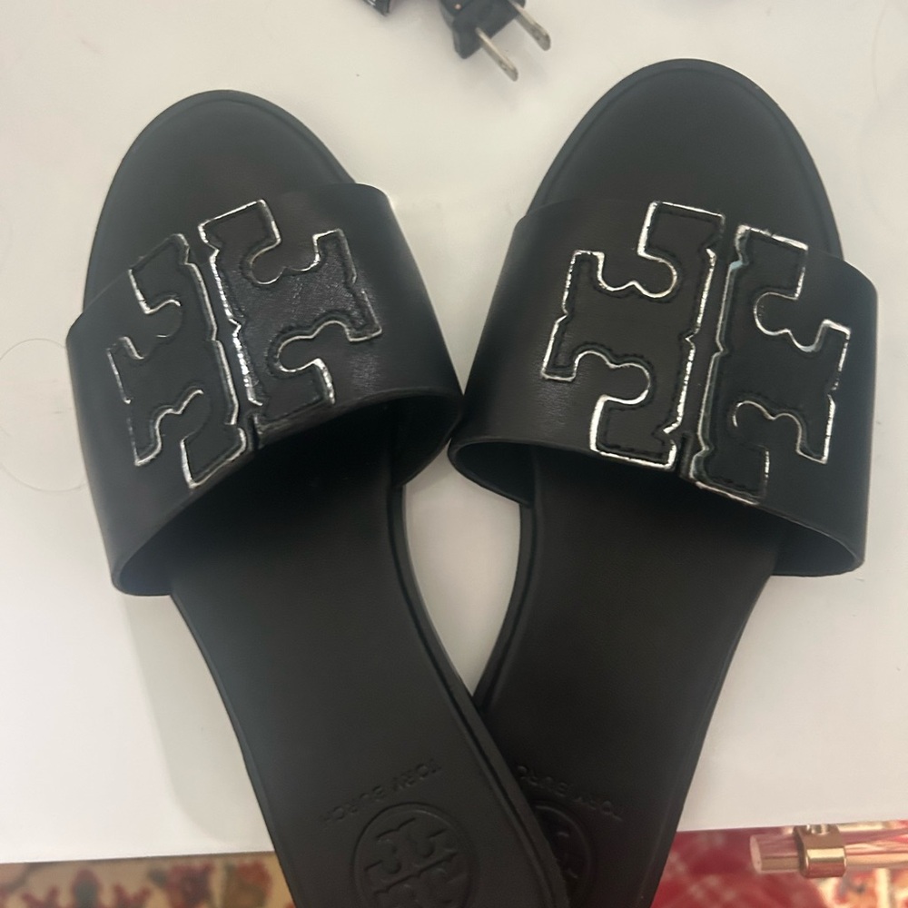 Tory Burch Black Sandals with Silver Accents